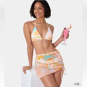 Shein 3 Piece Orange Geometric Print Triangle Top Bottom Bikini & Coverup Skirt